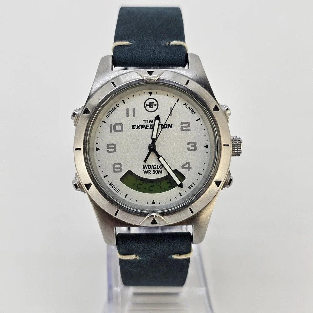 VTG Timex Expedition Ana-Dig Men's Watch 38MM NEW Blue Leather Bands NEW Battery